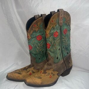 Laredo Miss Kate Snip Toe Western Cowboy Brown, Teal & Red Floral Inlay Boots 8M